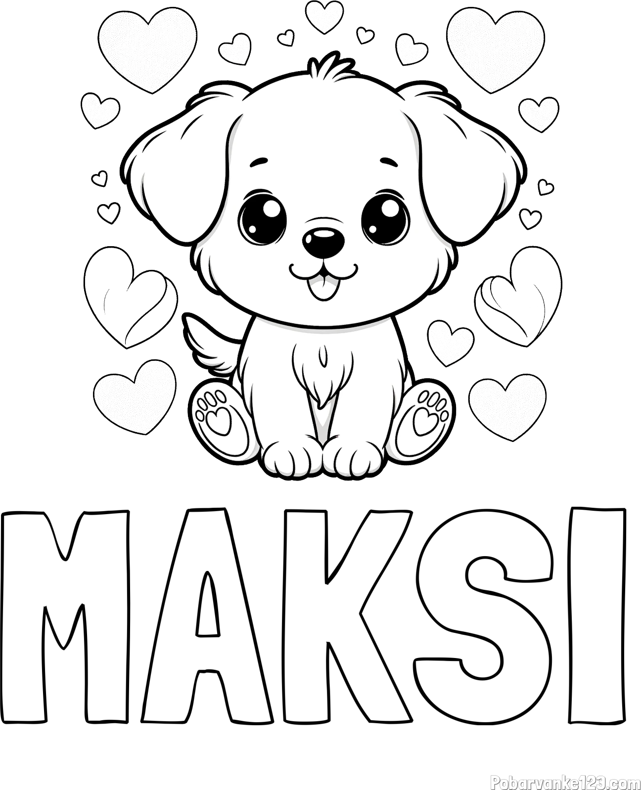 Pobarvanka imena MAKSI in pobarvanka ljubkega kužka obdanega s srčki