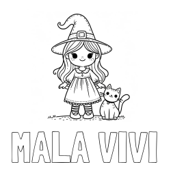 Online izdelana pobarvanka - Pobarvanka imena MALA VIVI in Čudovita pobarvanka ljubke čarovnice in nasmejane mačke