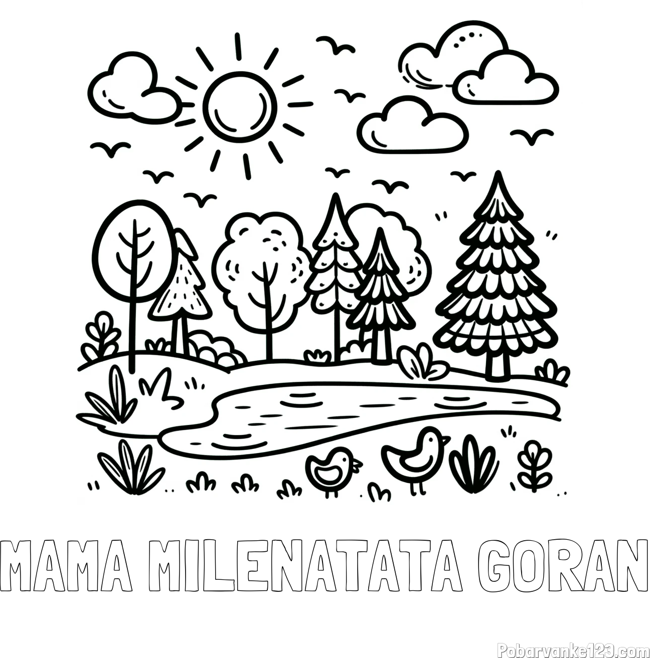 Pobarvanka imena MAMA MILENATATA GORAN in preprosta otroška pobarvanka narave