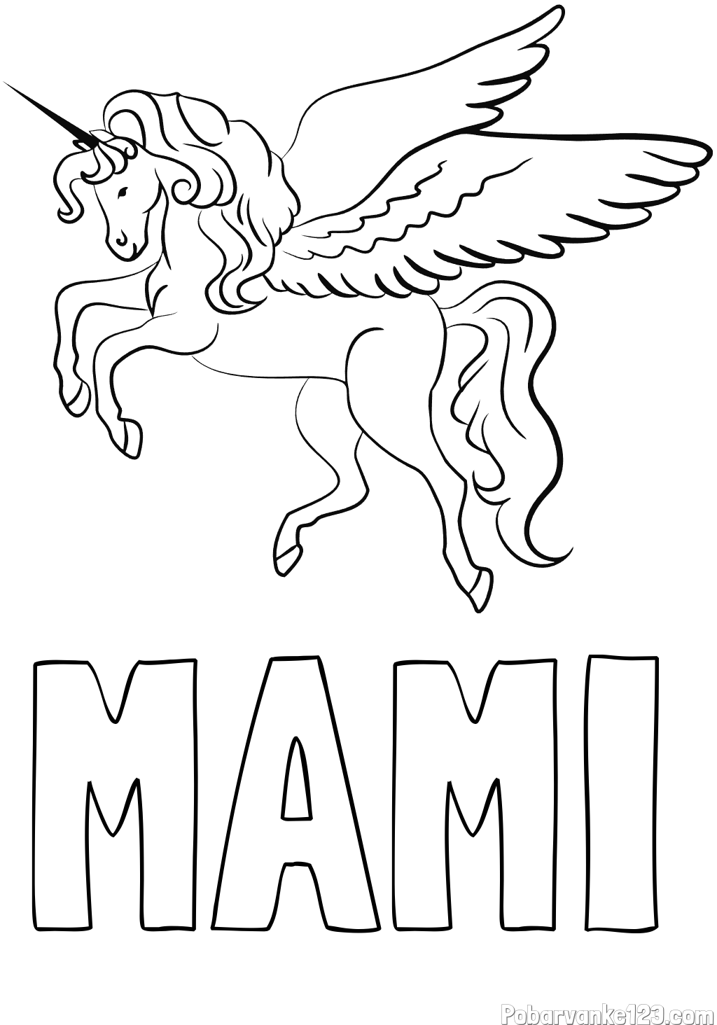 Pobarvanka imena MAMI in lepa pobarvanka samoroga