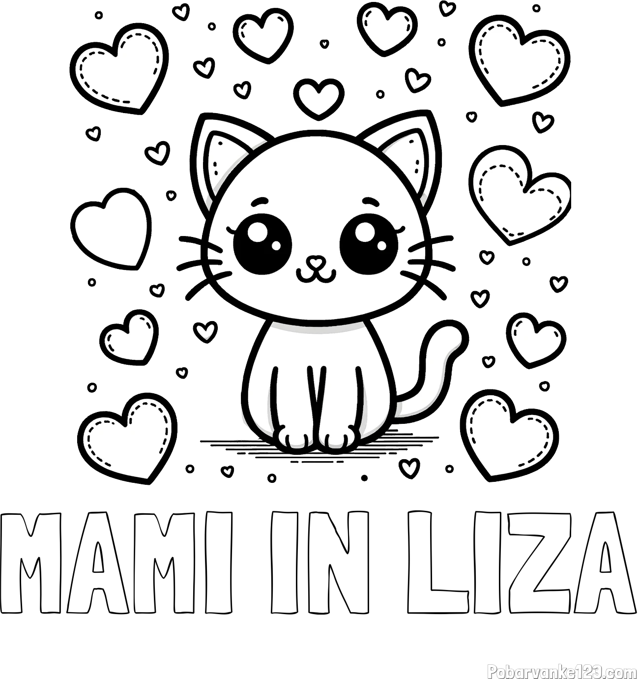 Pobarvanka imena MAMI IN LIZA in pobarvanka ljubke mucke obdane z veliko srčki