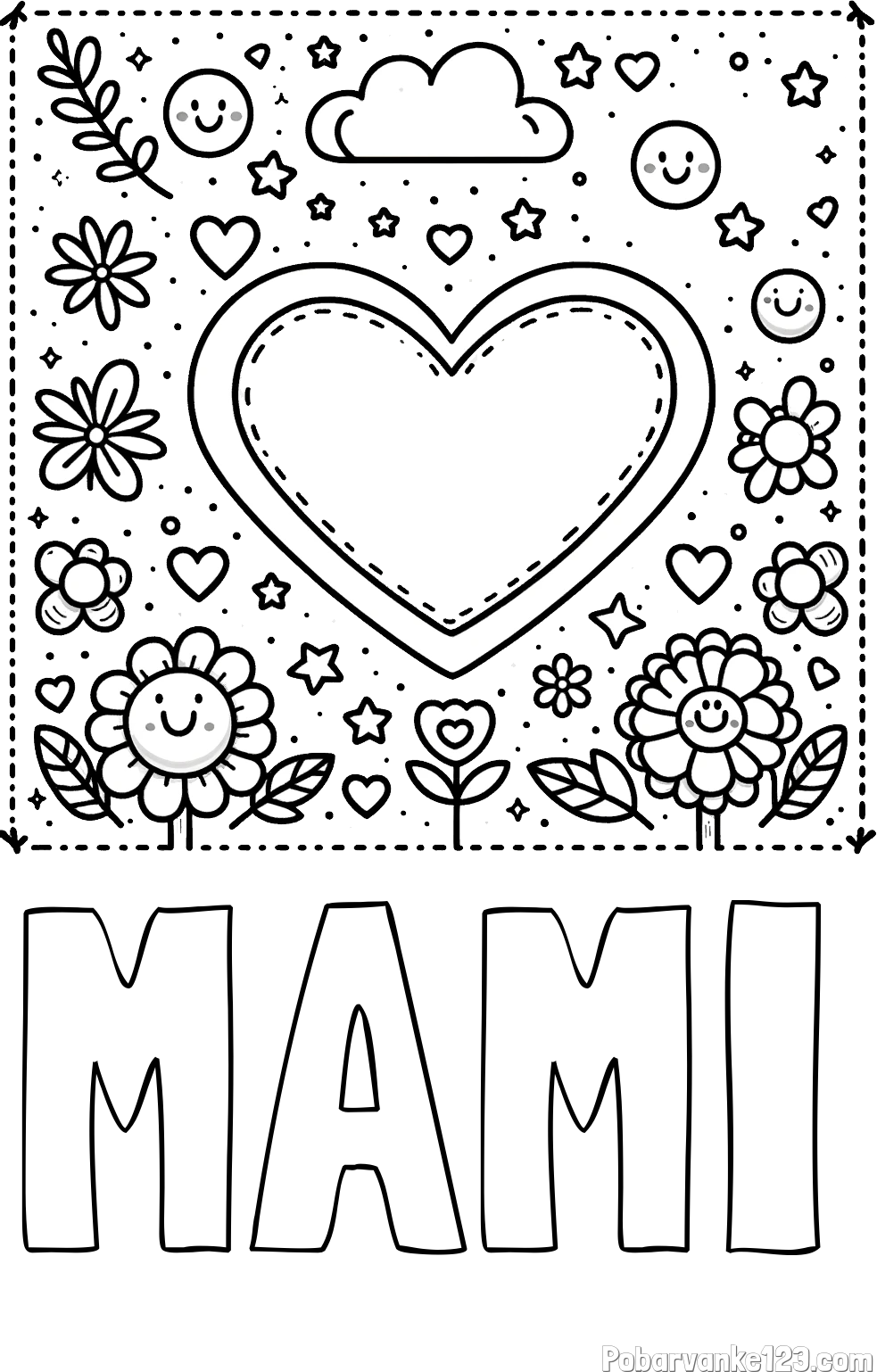 Pobarvanka imena MAMI in pobarvanka srčka ter rožic