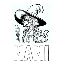 Online izdelana pobarvanka - Pobarvanka imena MAMI in pobarvanka zlobne stare čarovnice in mačke