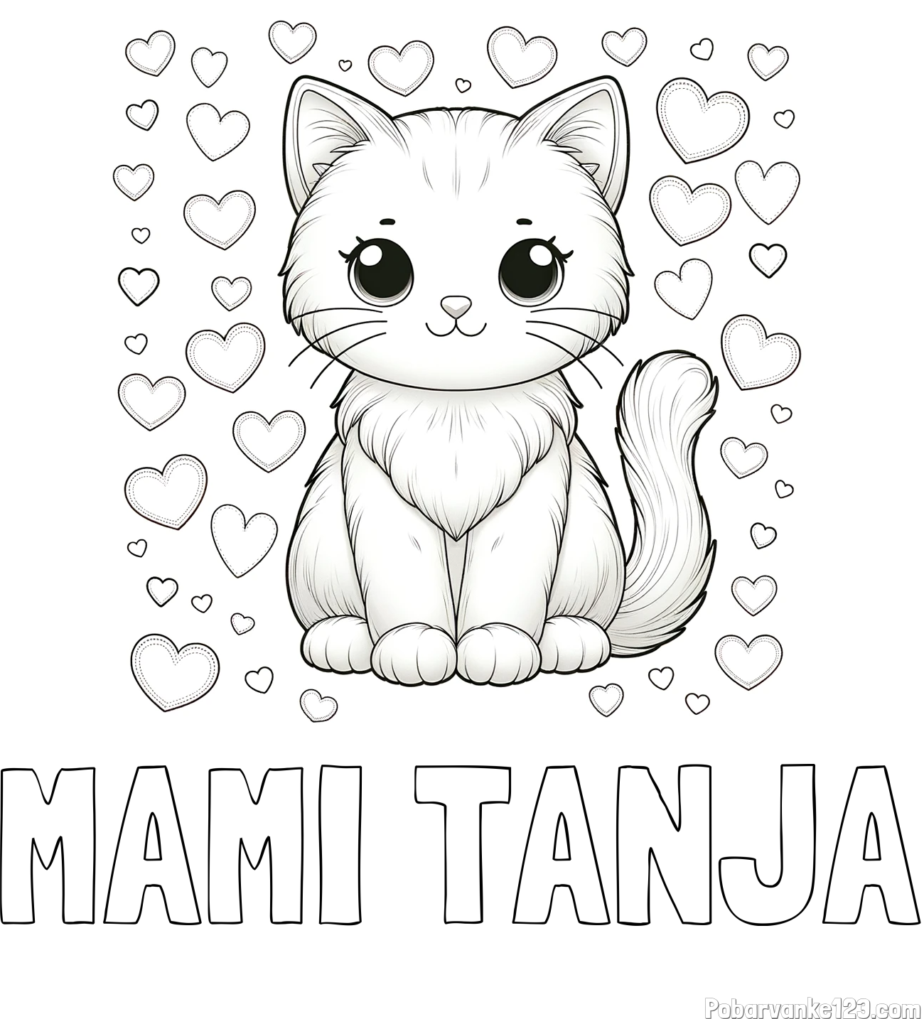 Pobarvanka imena MAMI TANJA in pobarvanka ljubke mucke obdane s srčki