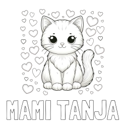 Online izdelana pobarvanka - Pobarvanka imena MAMI TANJA in pobarvanka ljubke mucke obdane s srčki