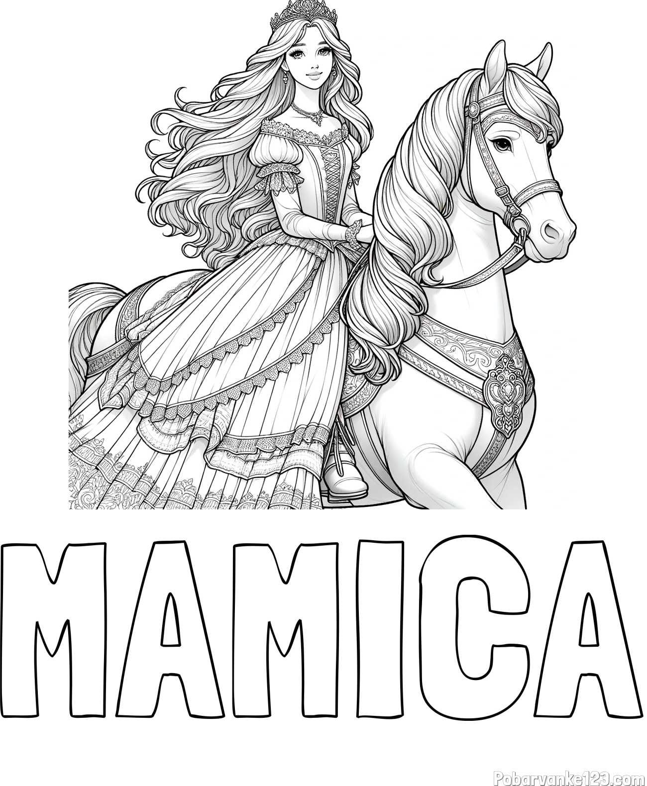 Pobarvanka imena MAMICA in pobarvanka nasmejana princese na konju
