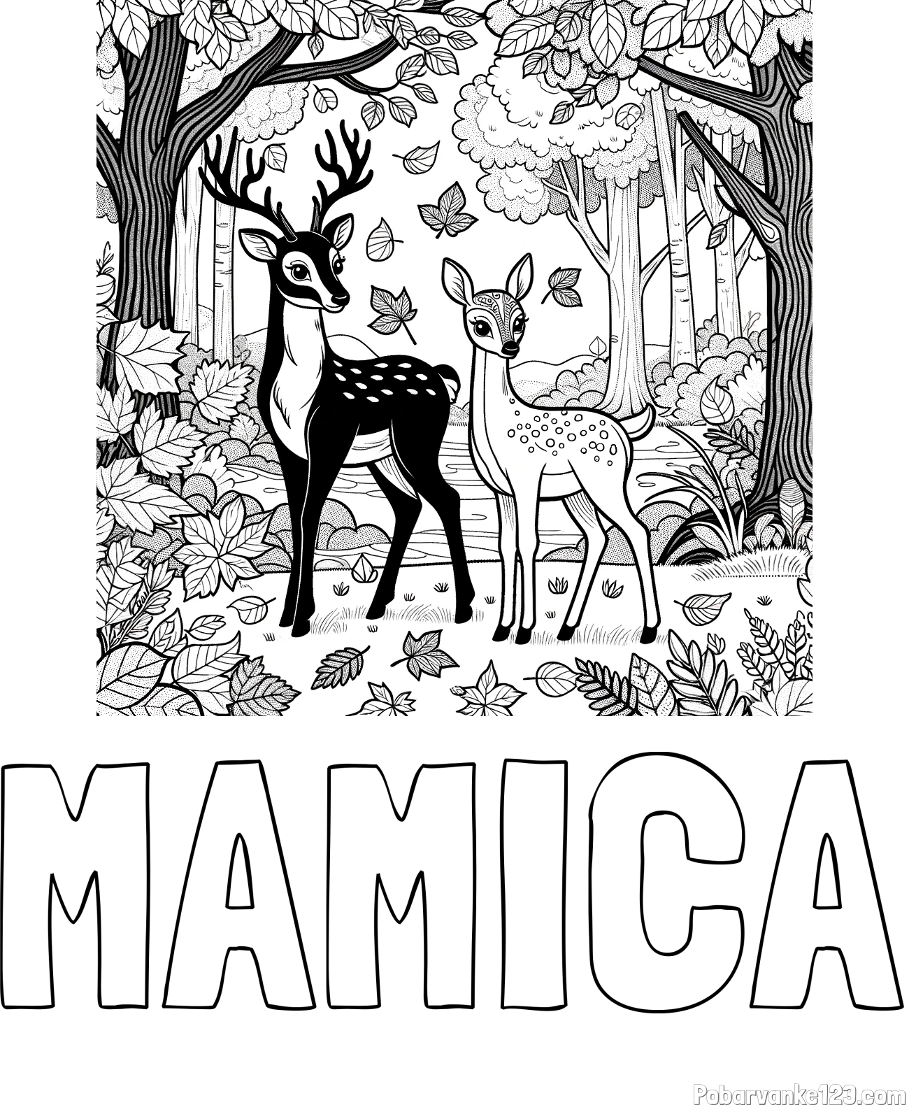 Pobarvanka imena MAMICA in pobarvanka srnice in jelenčka