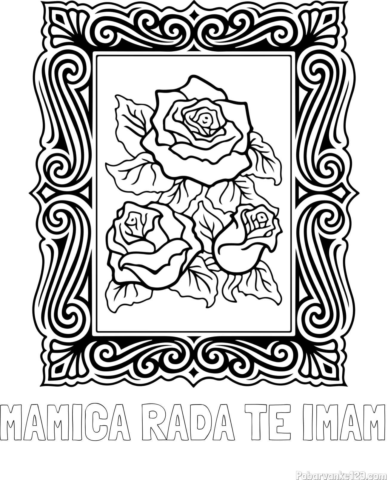 Pobarvanka imena MAMICA RADA TE IMAM in pobarvanka  uokvirjene slike vrtnic