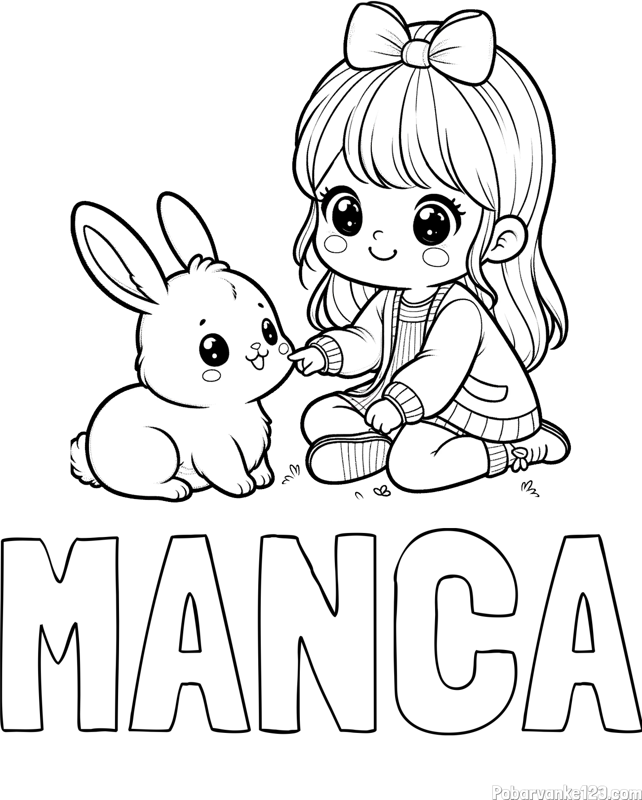 Pobarvanka imena MANCA in pobarvanka ljubke punčke, ki se igra z zajčkom