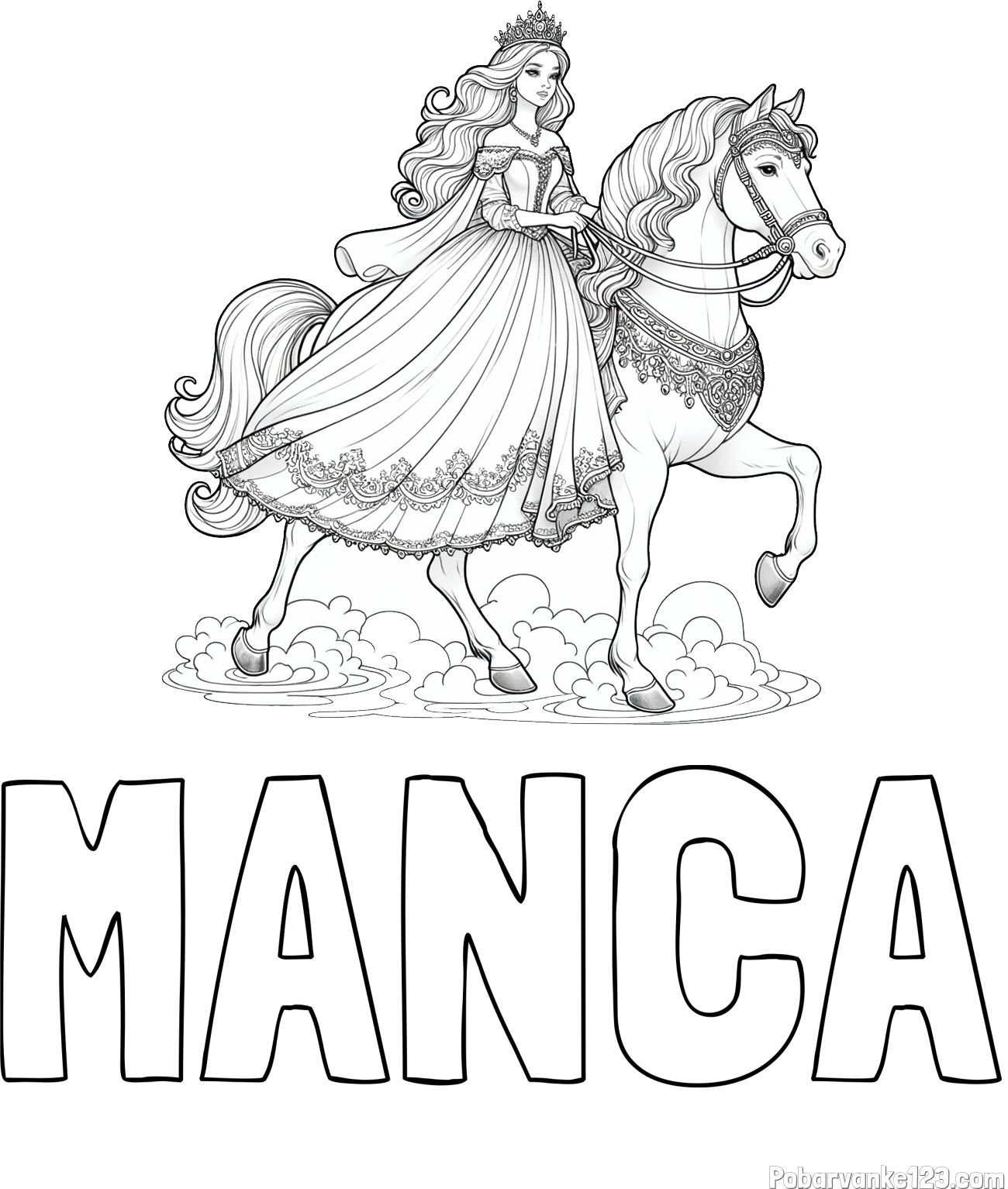 Pobarvanka imena MANCA in pobarvanka princese na konju