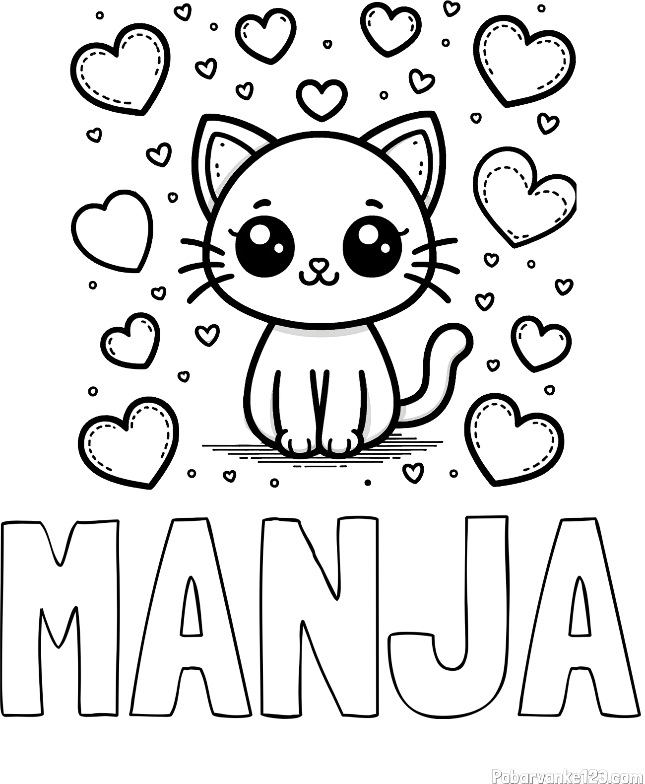 Pobarvanka imena MANJA in pobarvanka ljubke mucke obdane z veliko srčki