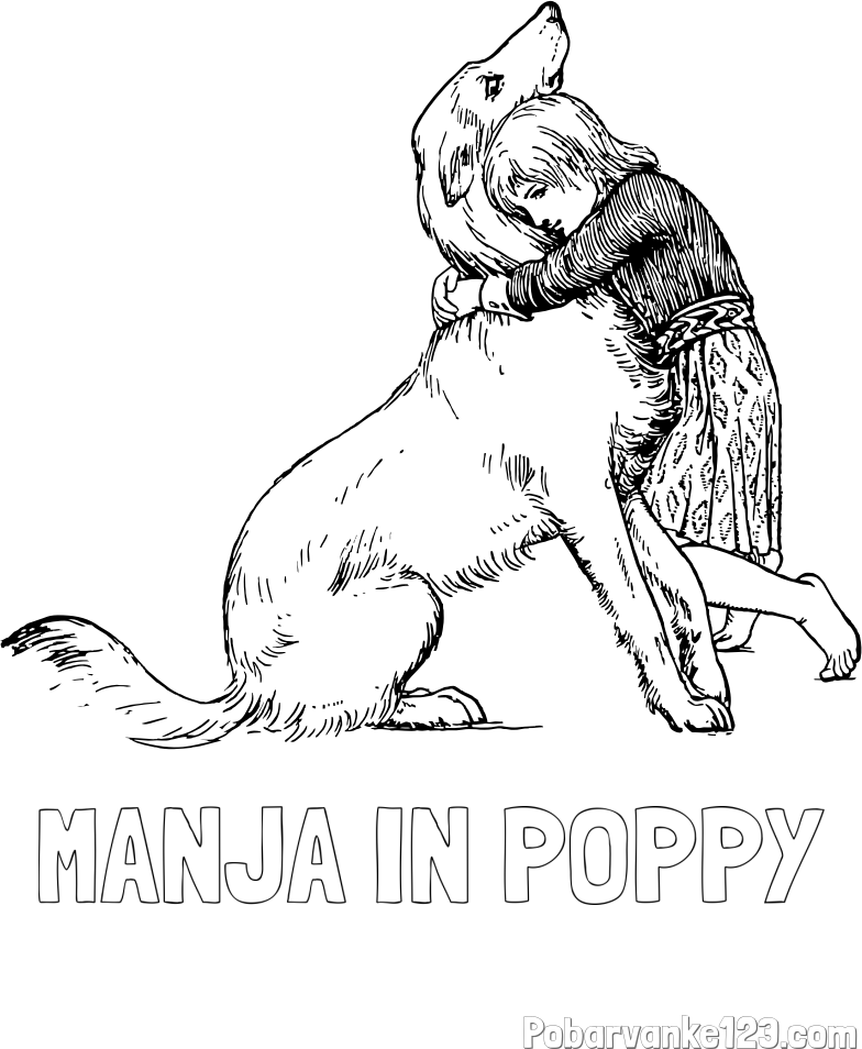 Pobarvanka imena MANJA IN POPPY in pobarvanka prikupnega kužka, ki ga objema mala deklica