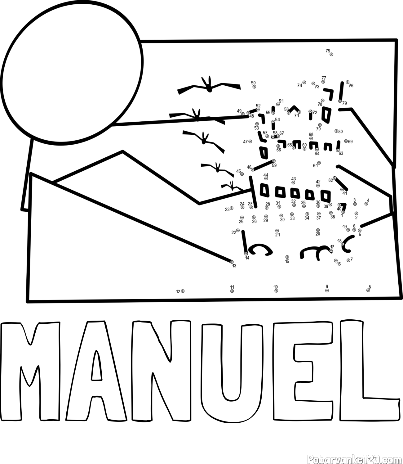 Pobarvanka imena MANUEL in pobarvanka gradu - poveži številke od pike do pike