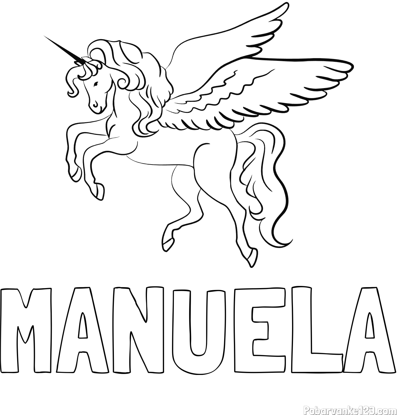 Pobarvanka imena MANUELA in lepa pobarvanka samoroga