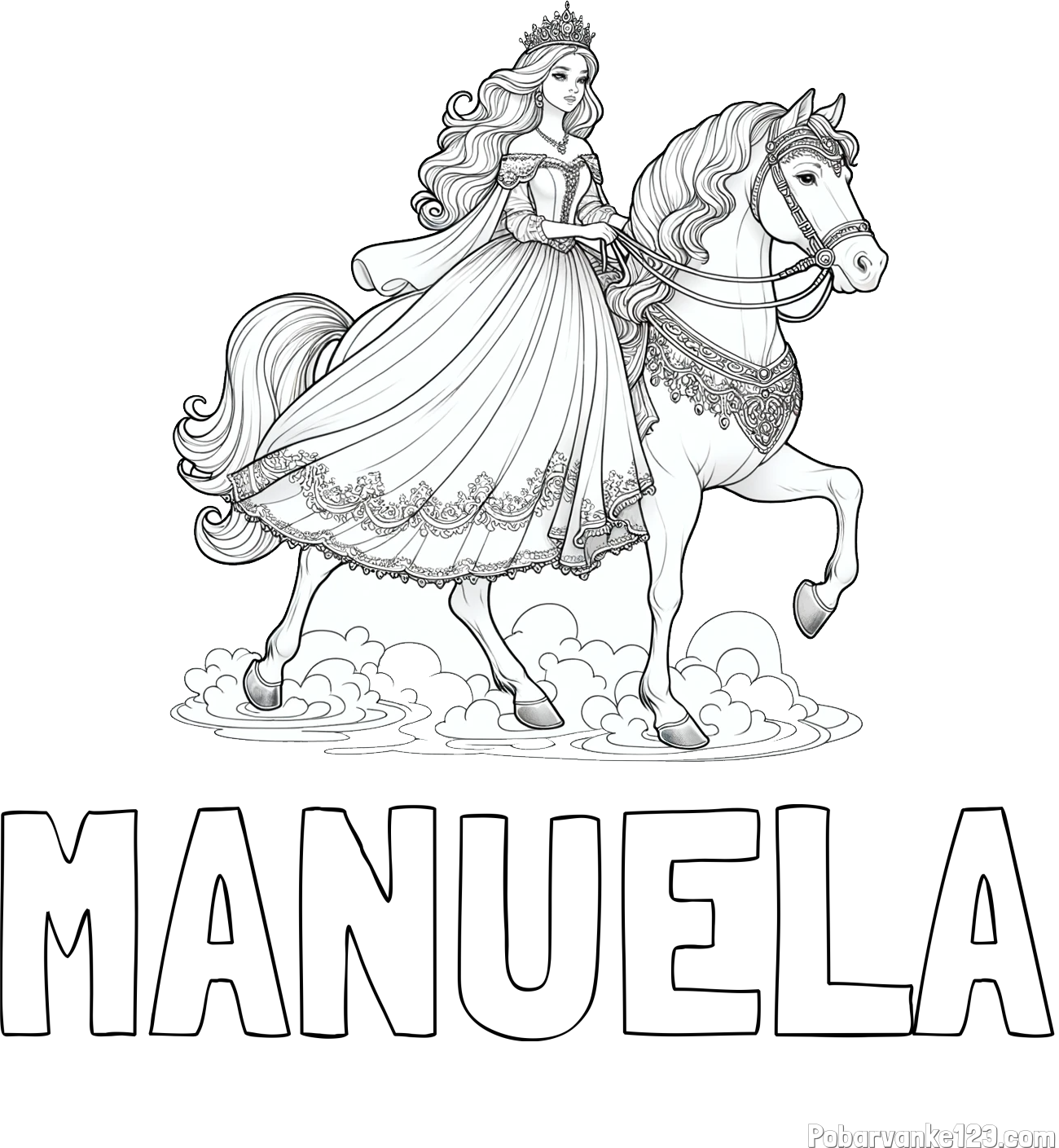 Pobarvanka imena MANUELA in pobarvanka princese na konju