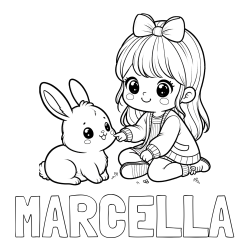 Online izdelana pobarvanka - Pobarvanka imena MARCELLA in pobarvanka ljubke punčke, ki se igra z zajčkom