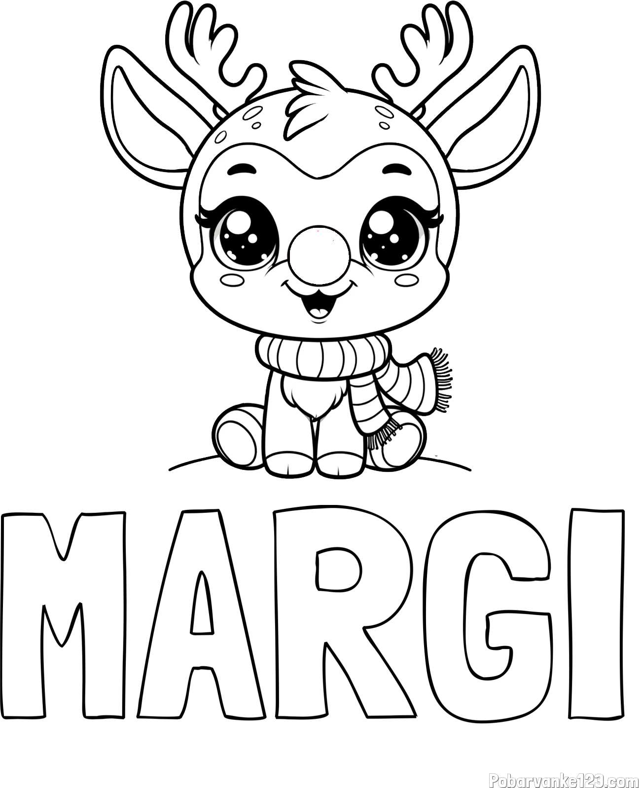 Pobarvanka imena MARGI in otroška pobarvanka jelenčka Rudolfa s šalom okoli vratu