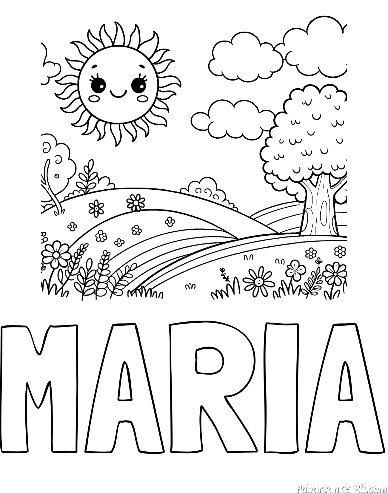 Pobarvanka imena MARIA in otroška pobarvanka narave