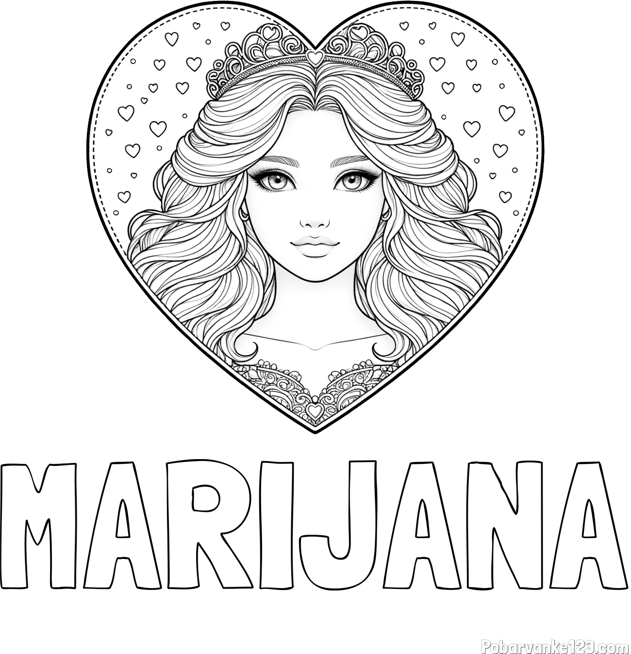 Pobarvanka imena MARIJANA in pobarvanka ljubke princese v srčku