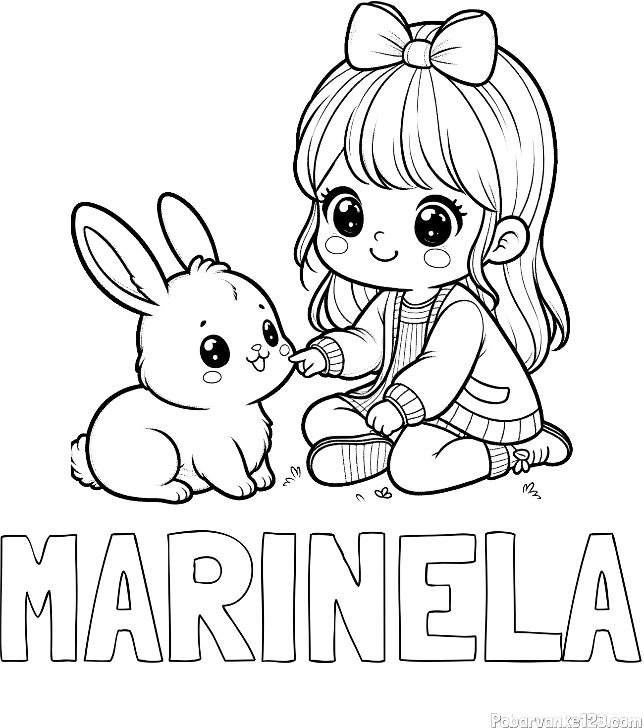Pobarvanka imena MARINELA in pobarvanka ljubke punčke, ki se igra z zajčkom