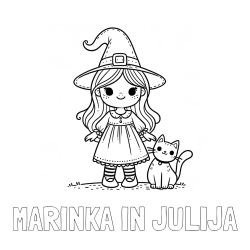 Online izdelana pobarvanka - Pobarvanka imena MARINKA IN JULIJA in Čudovita pobarvanka ljubke čarovnice in nasmejane mačke