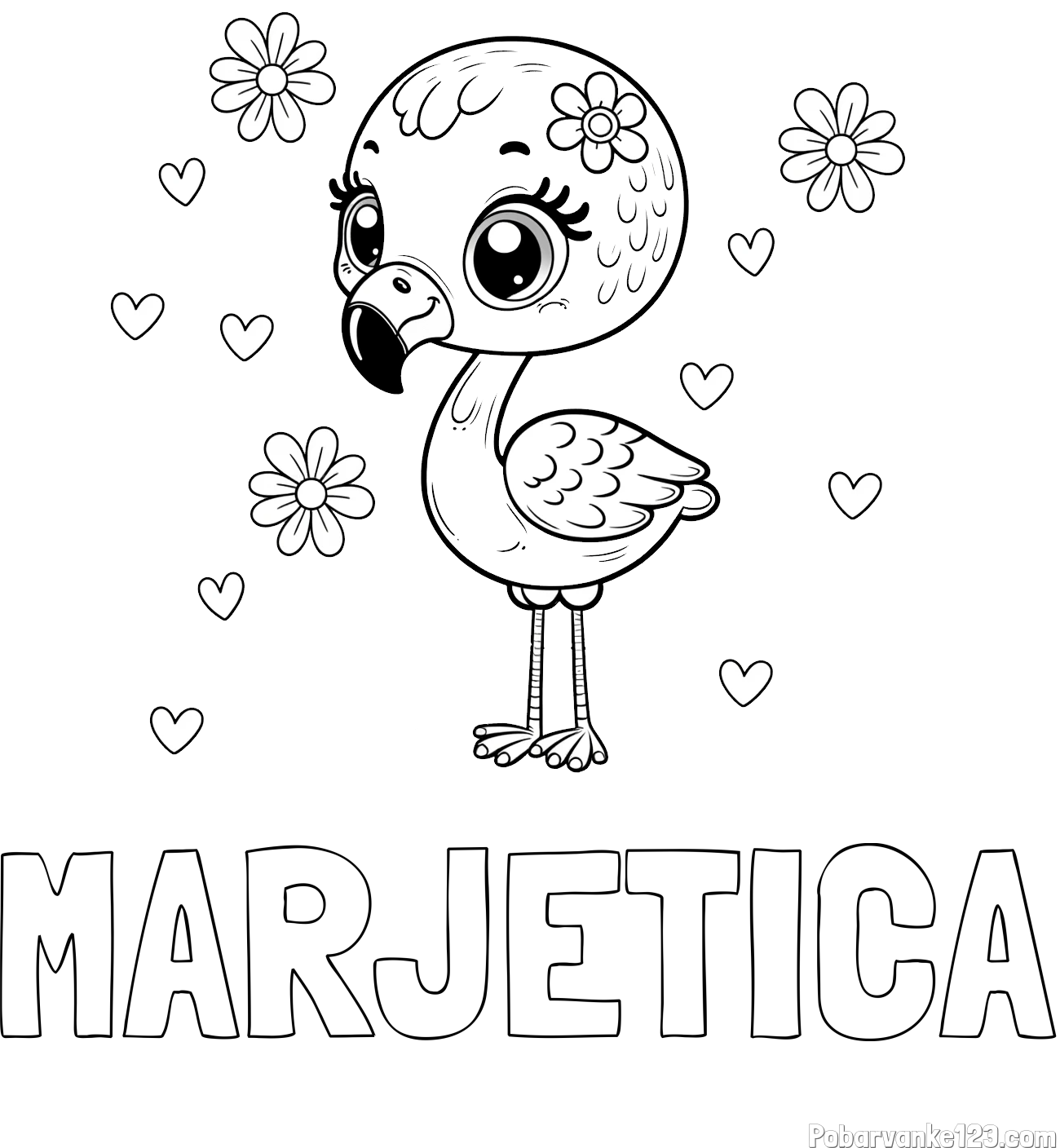 Pobarvanka imena MARJETICA in pobarvanka mladička flaminga z rožicami in srčki