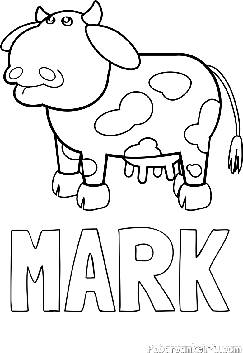 Pobarvanka imena MARK in otroška pobarvanka smešne krave