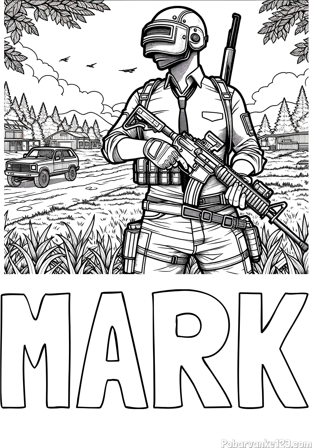 Pobarvanka imena MARK in PUB pobarvanka bojišča ter osrednjega lika