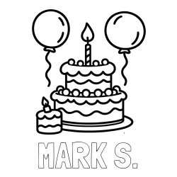 Online izdelana pobarvanka - Pobarvanka imena MARK S. in pobarvanka velike rojstnodnevne torte