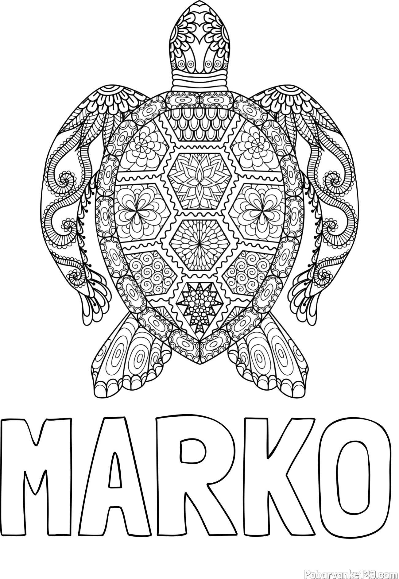Pobarvanka imena MARKO in pobarvanka želve - mandale