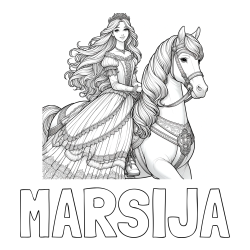 Online izdelana pobarvanka - Pobarvanka imena MARSIJA in pobarvanka nasmejana princese na konju