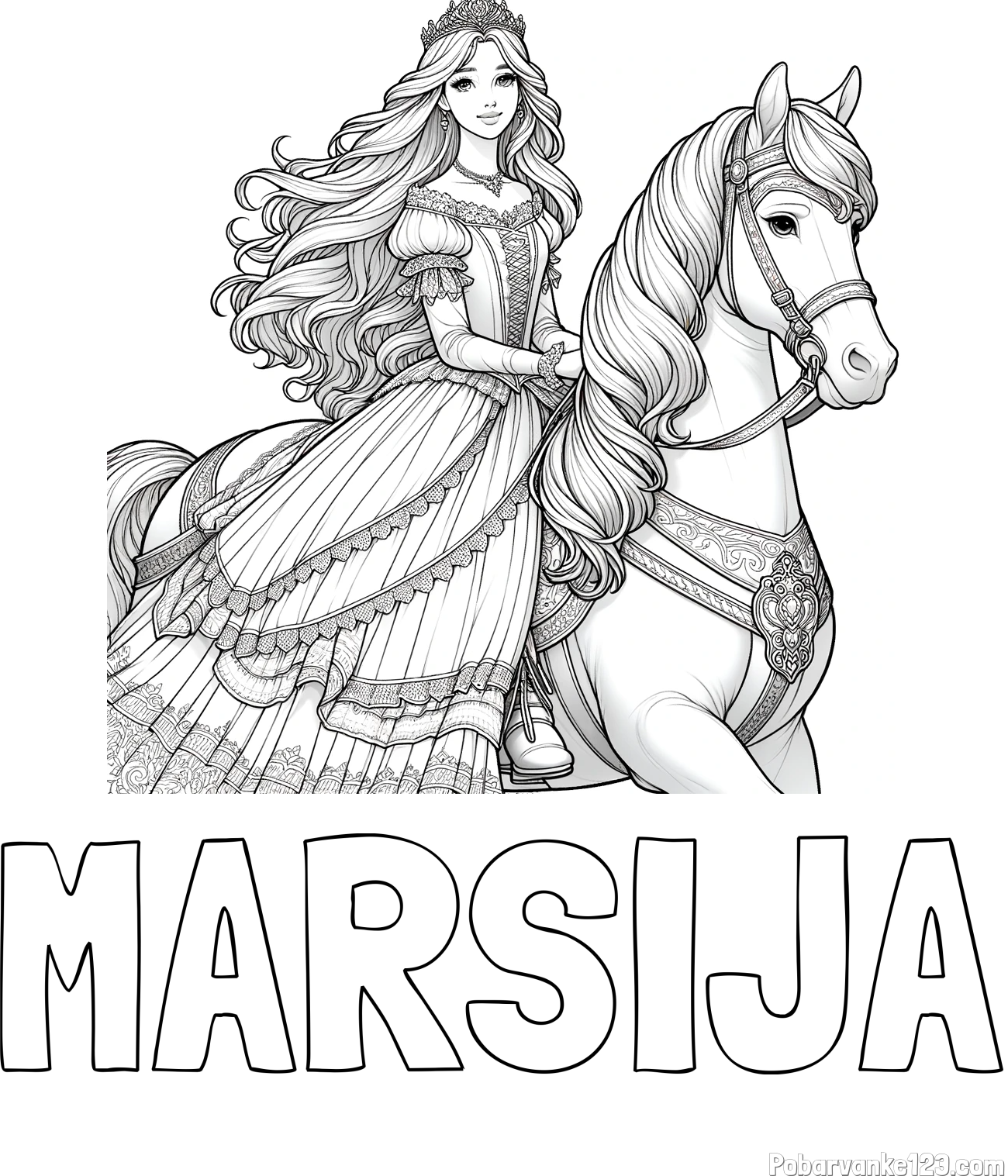 Pobarvanka imena MARSIJA in pobarvanka nasmejana princese na konju