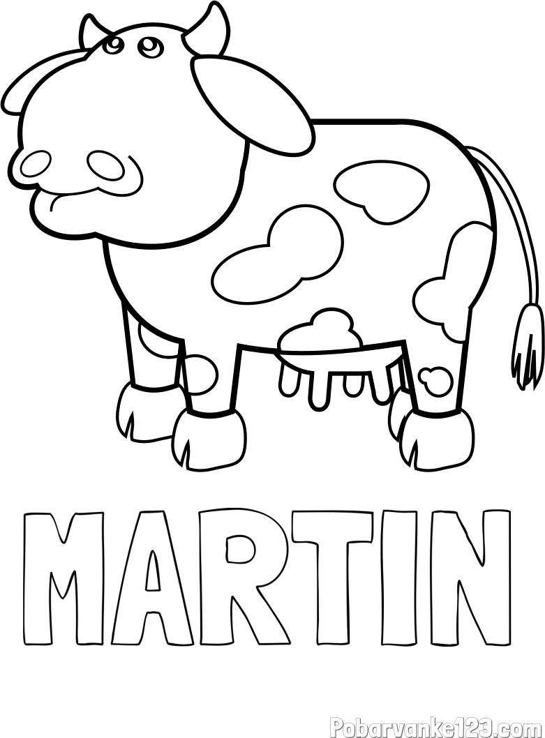Pobarvanka imena MARTIN in otroška pobarvanka smešne krave