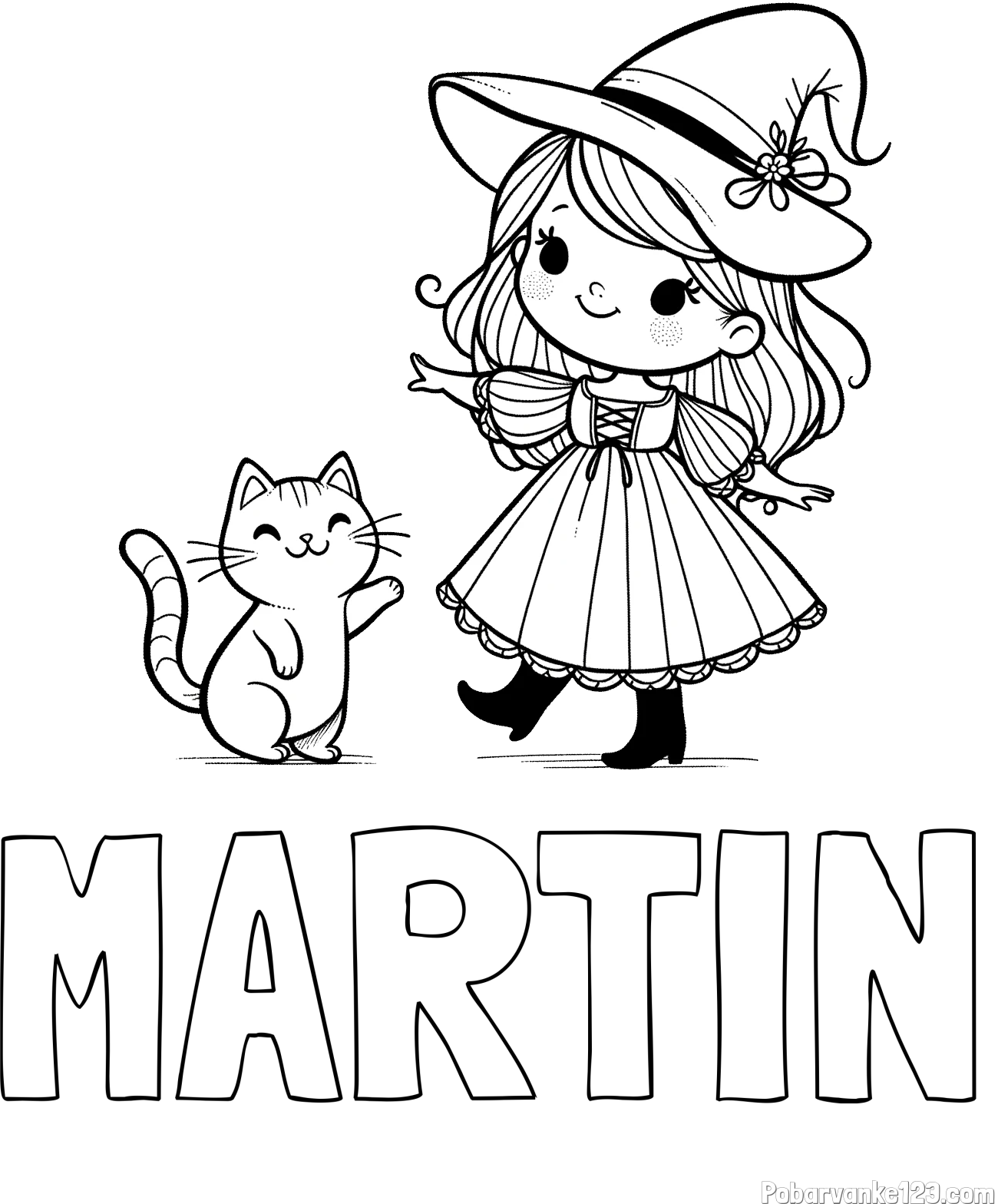 Pobarvanka imena MARTIN in pobarvanka ljubke čarovnice ter podrednega mačka