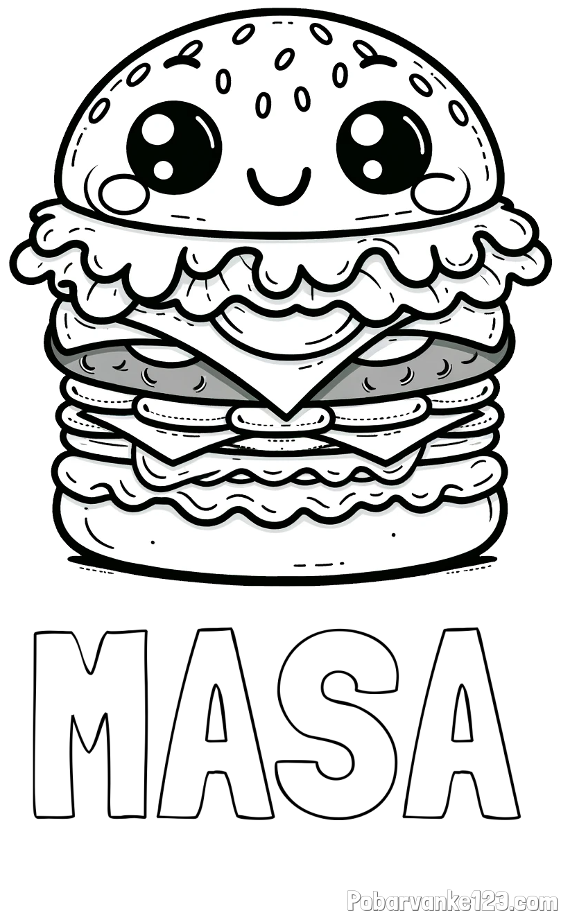 Pobarvanka imena MAŠA in otroška pobarvanka nasmejanega hamburgerja