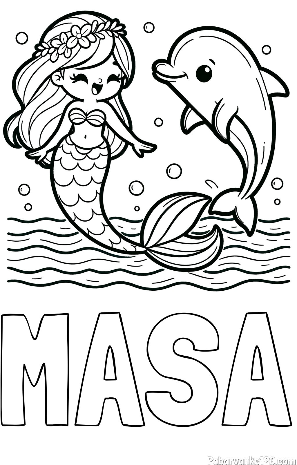 Pobarvanka imena MAŠA in pobarvanka ljubke morske deklice, ki pleše z delfinom