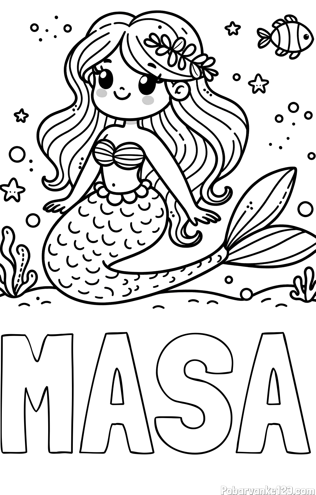 Pobarvanka imena MAŠA in pobarvanka ljubke morske deklice v morju