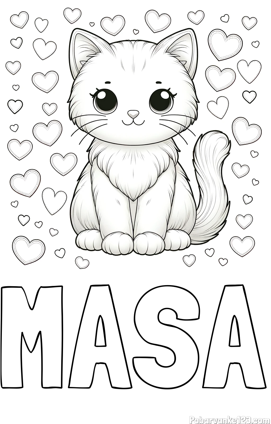 Pobarvanka imena MAŠA in pobarvanka ljubke mucke obdane s srčki