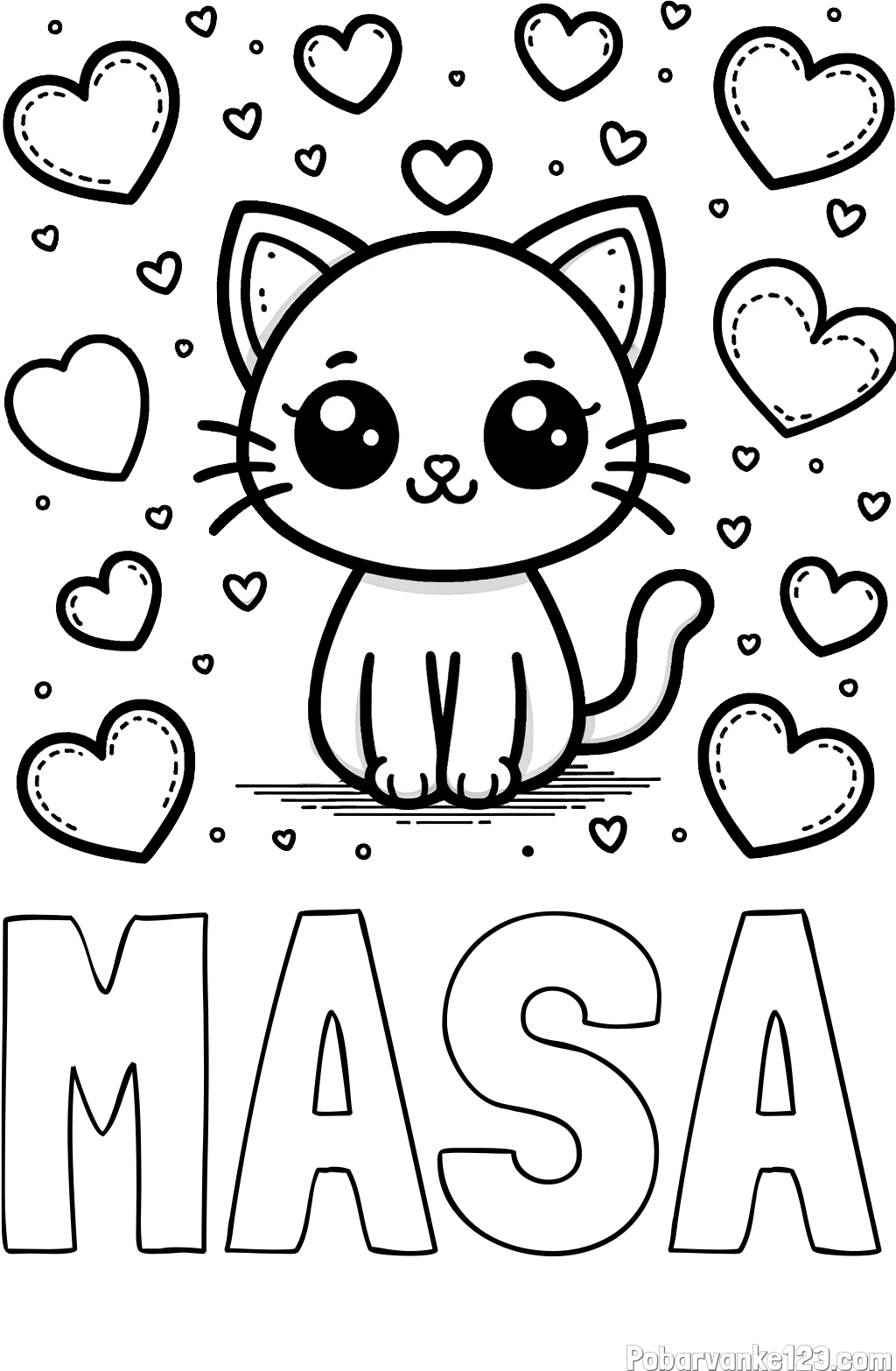 Pobarvanka imena MAŠA in pobarvanka ljubke mucke obdane z veliko srčki