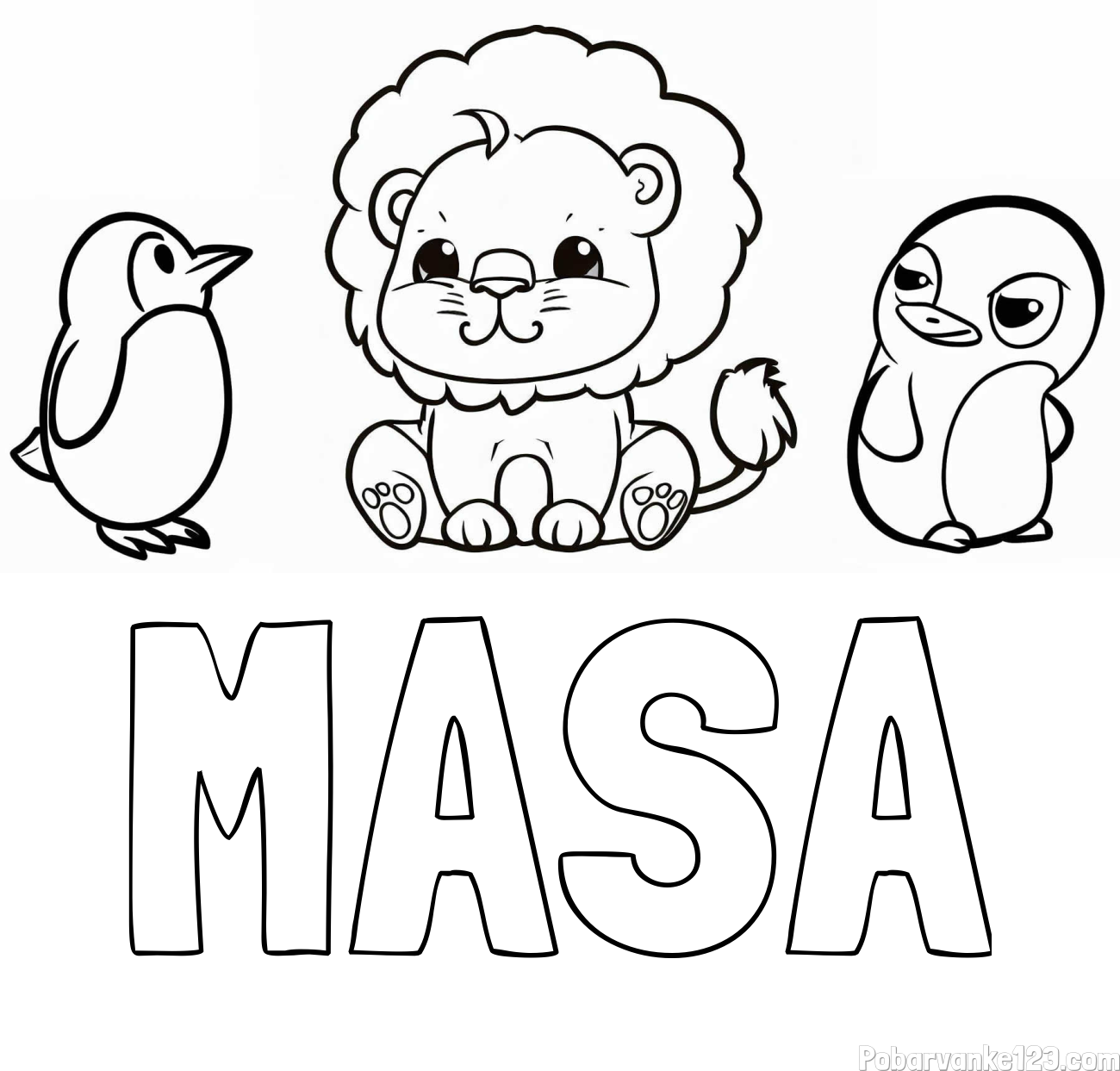 Pobarvanka imena MAŠA in pobarvanka prikupnega levčka in dveh hudomušnih pingvinčkov