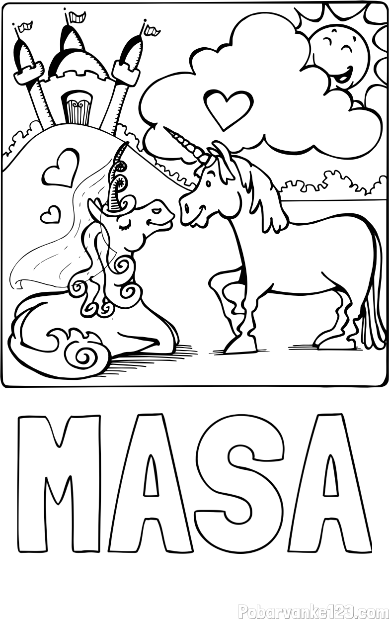 Pobarvanka imena MAŠA in pobarvanka zaljubljenih samorogov