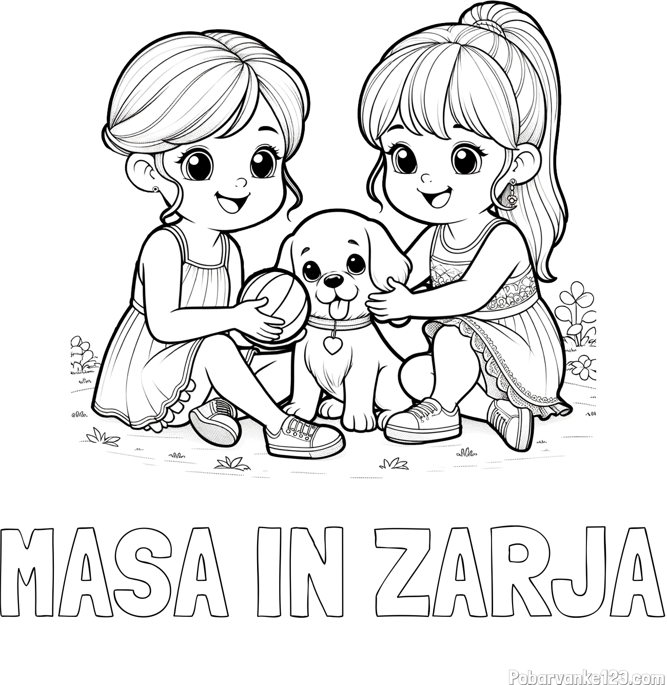 Pobarvanka imena MAŠA IN ZARJA in pobarvanka prijateljic s kužkom