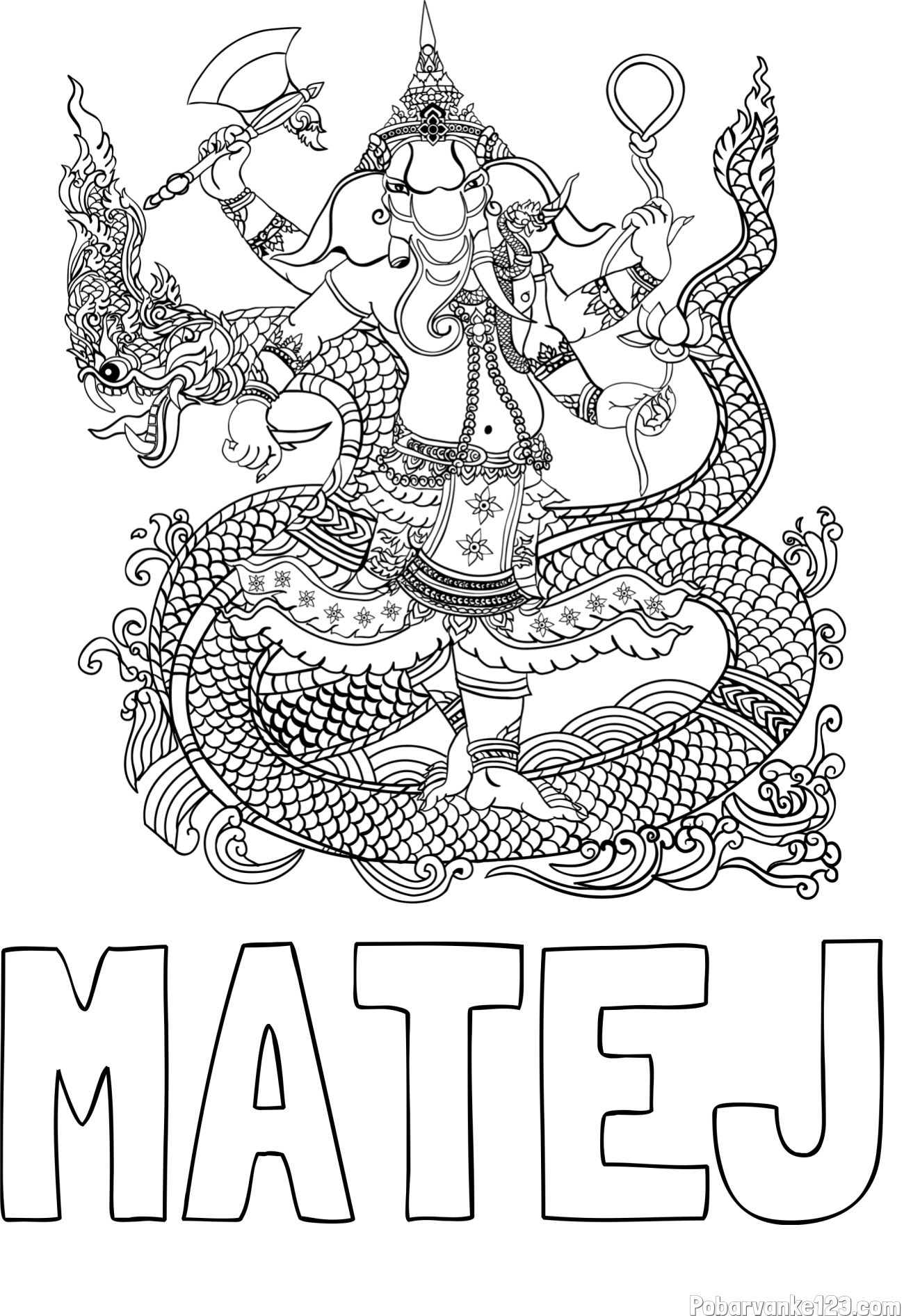 Pobarvanka imena MATEJ in pobarvanka slona v človeški podobi