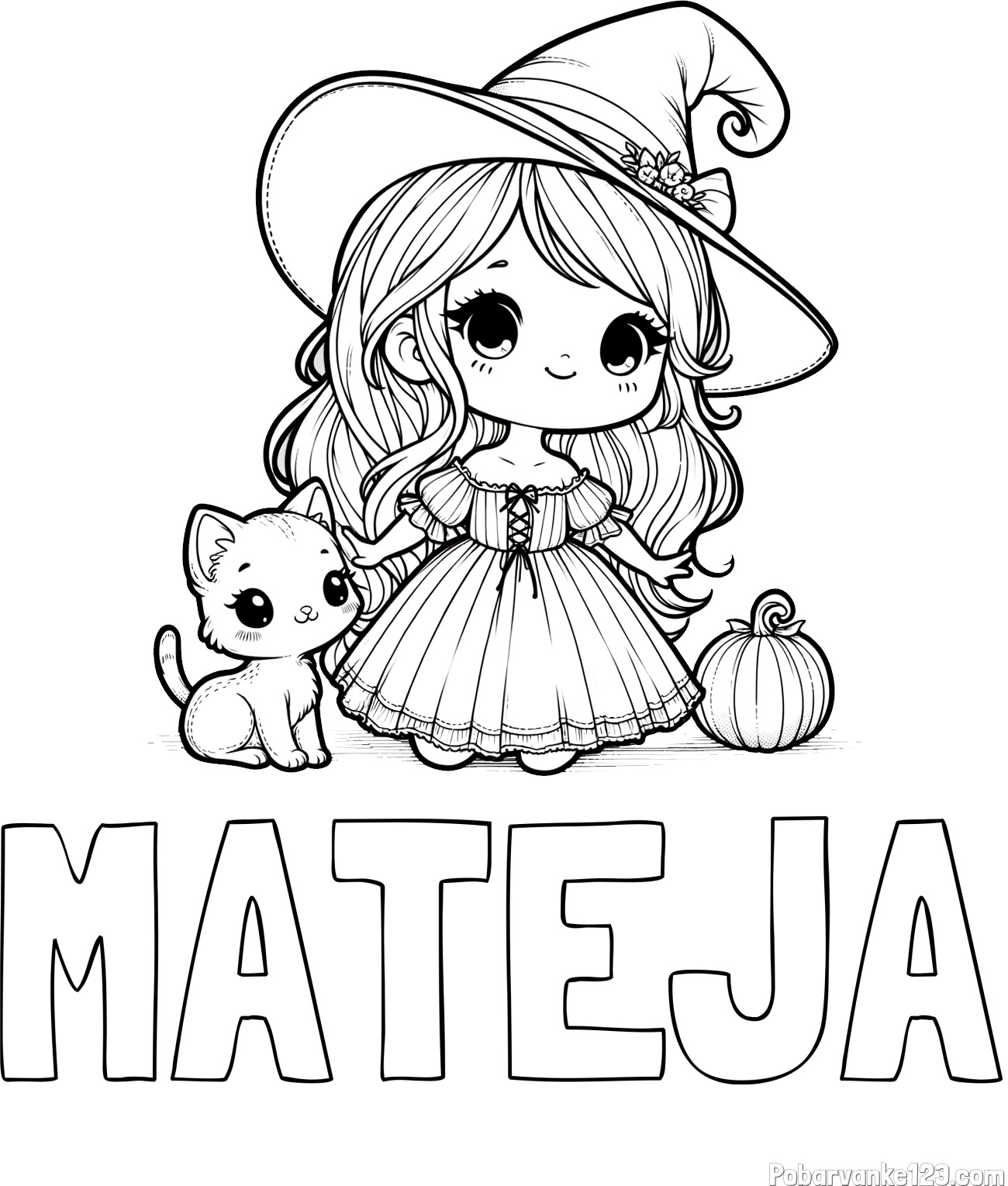Pobarvanka imena MATEJA in pobarvanka ljubke čarovnice, muce in buče
