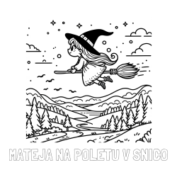 Online izdelana pobarvanka - Pobarvanka imena MATEJA NA POLETU V SNICO in pobarvanka čarovnice, ki leti na metli