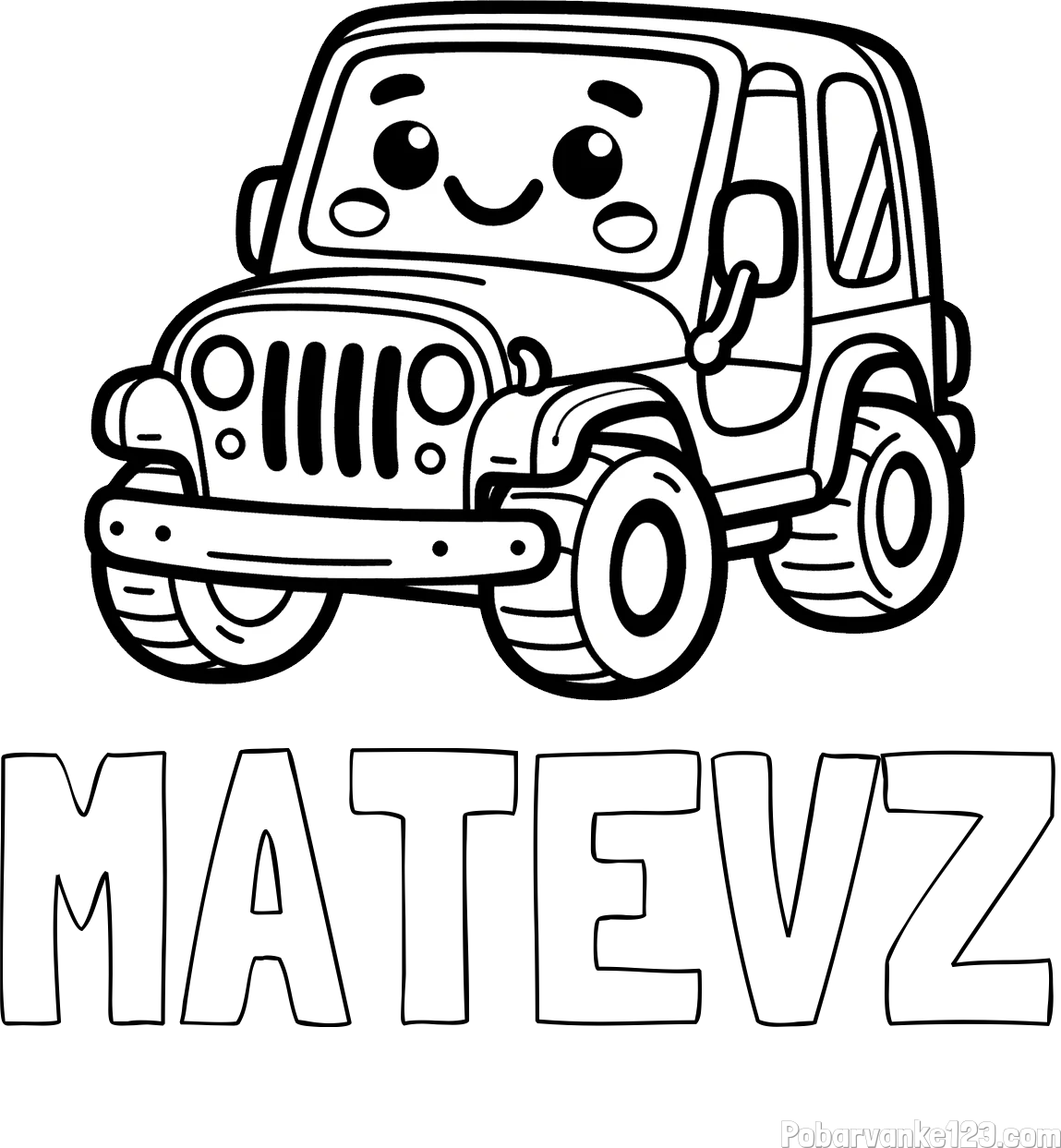 Pobarvanka imena MATEVŽ in otroška pobarvanka ljubkega džipa