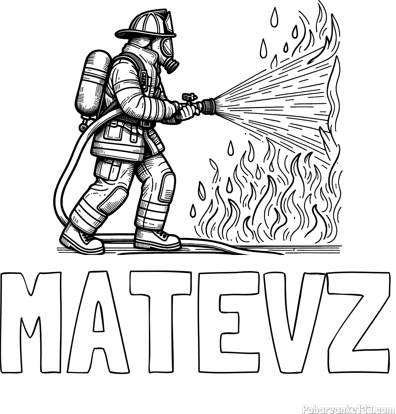 Pobarvanka imena MATEVŽ in pobarvanka gasilca pri gašenju požara