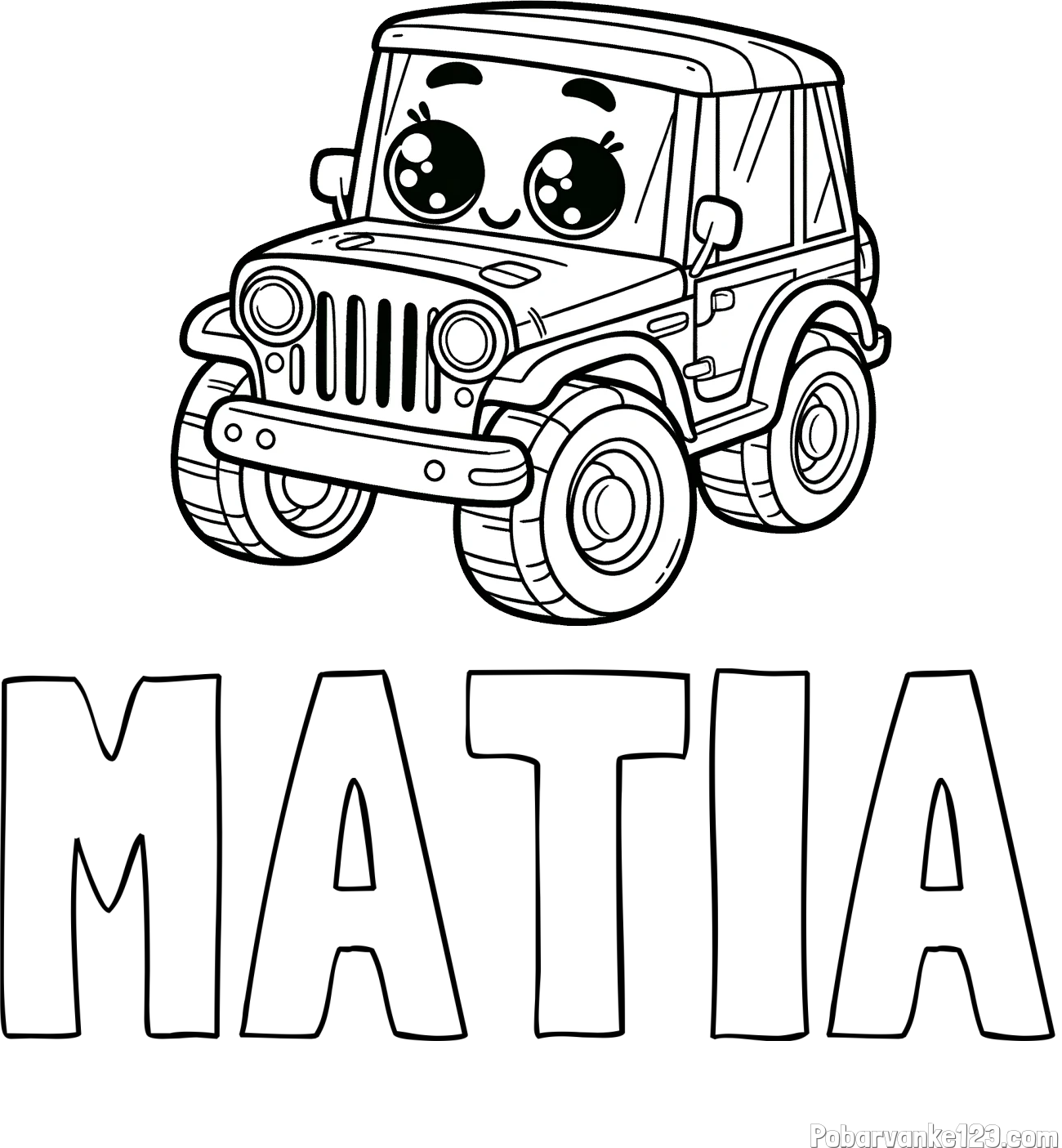 Pobarvanka imena MATIA in otroška pobarvanka nasmejanega jeep-a