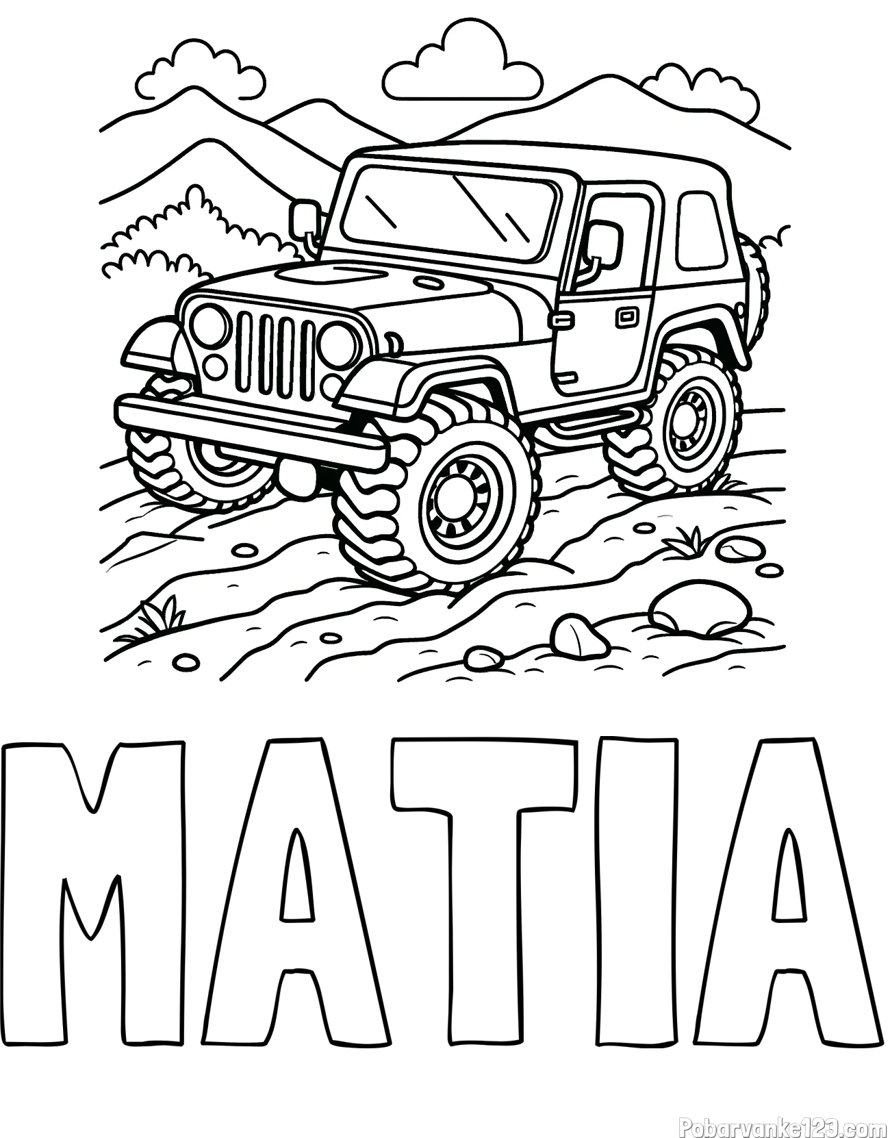 Pobarvanka imena MATIA in pobarvanka džipa na terenu