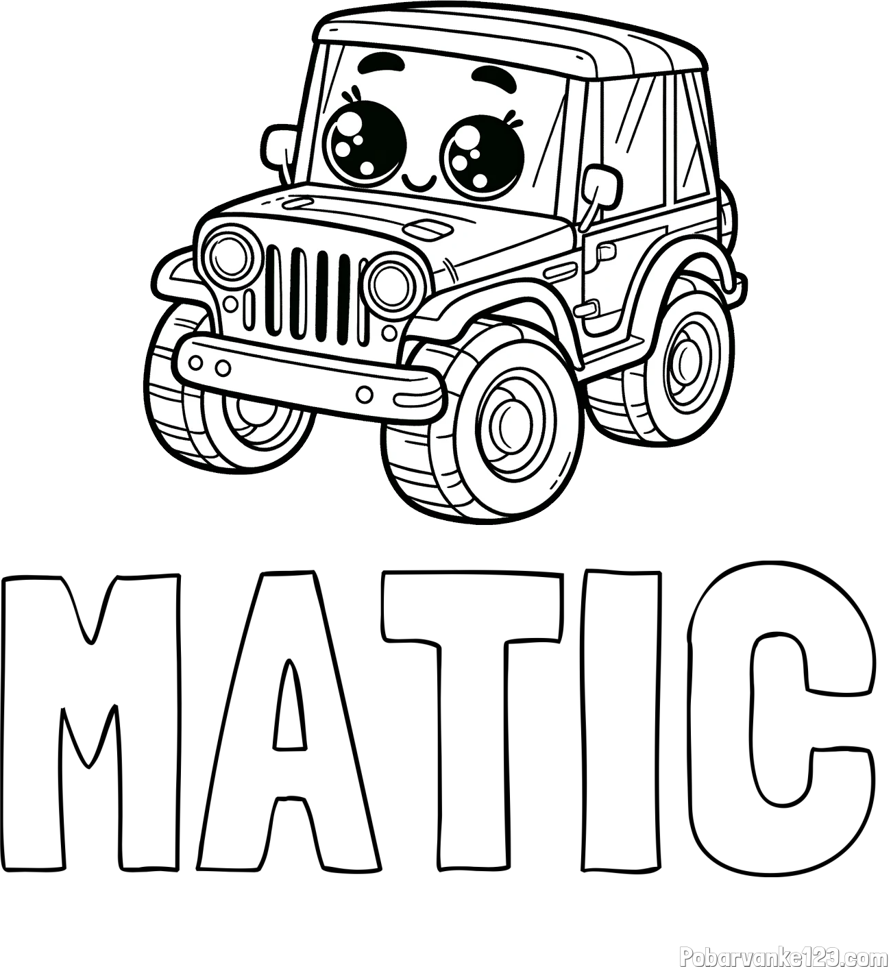 Pobarvanka imena MATIC in otroška pobarvanka nasmejanega jeep-a